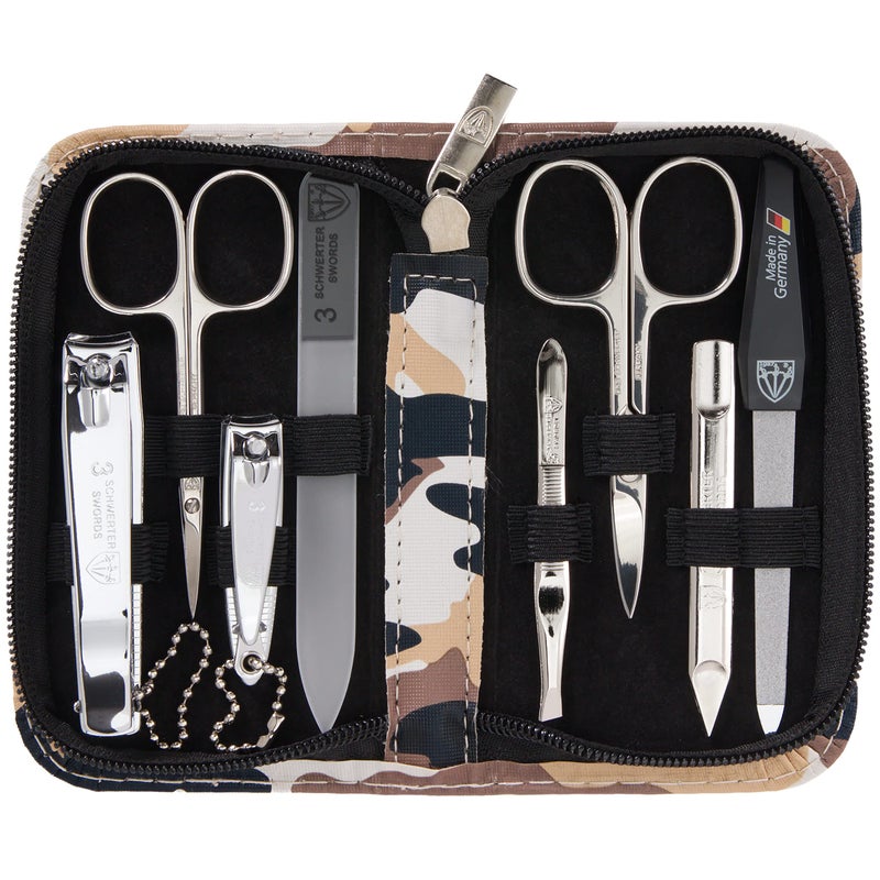 3 Swords Germany - brand quality 8 piece manicure pedicure grooming kit set synthetic leather case camouflage - Made in Germany - Image 1